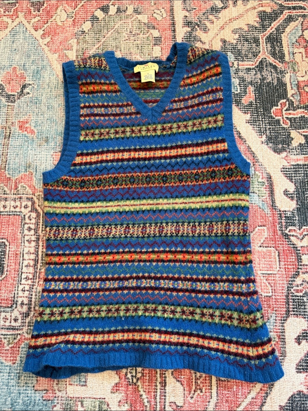 Late 90s The Limited Blue Multicolor Fair Isle V-Neck Sweater Vest Size S